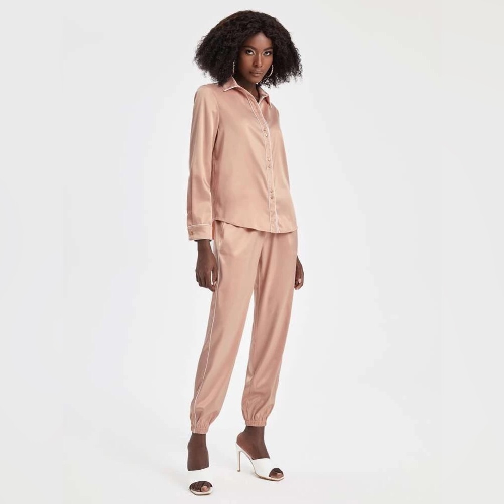New Blush Pink Satin Matching Set with White Trim, Small